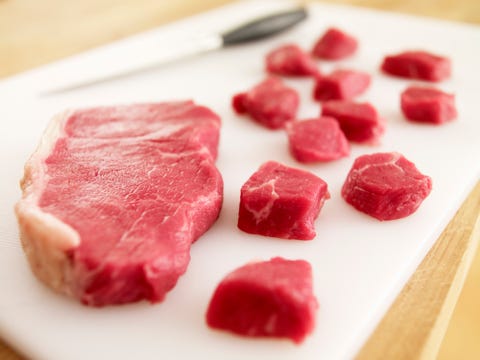 Cubed raw steak on cutting board cubed raw steak on cutting board