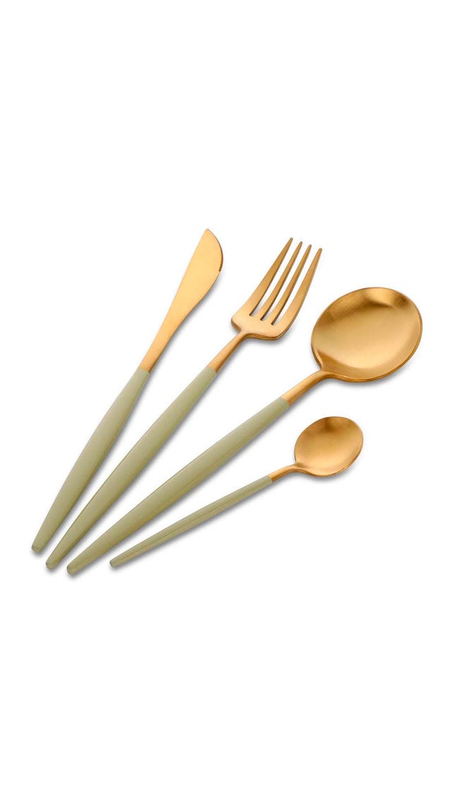 cubertería verde y oro