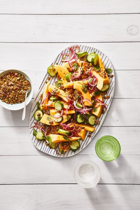 Healthy Appetizers — Cucumber and Cantaloupe Salad with Savory Quinoa Granola