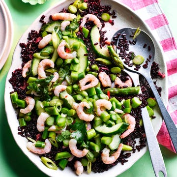 cucumber, asparagus and prawn salad on black rice