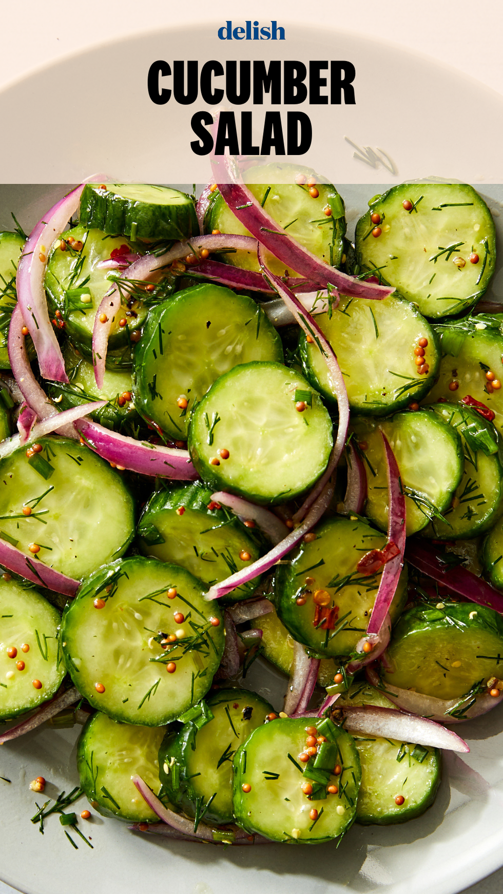 salad bowl with sliced cucumber rounds, thinly sliced raw red onion, mustard seeds, fresh chopped dill and chives