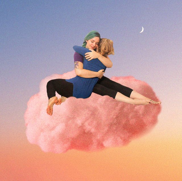 women hugging on a cloud
