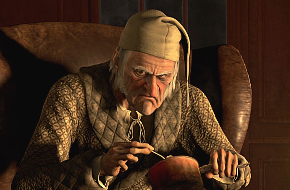 ebenezer scrooge, interpretado con técnicas de animación por jim carrey en la versión de robert zemeckis de cuento de navidad
