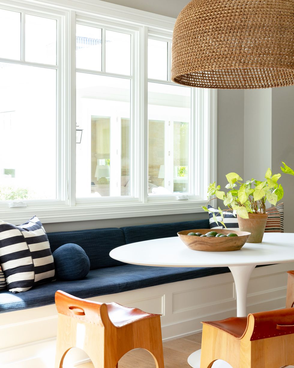 contemporary breakfast nook with blue bench