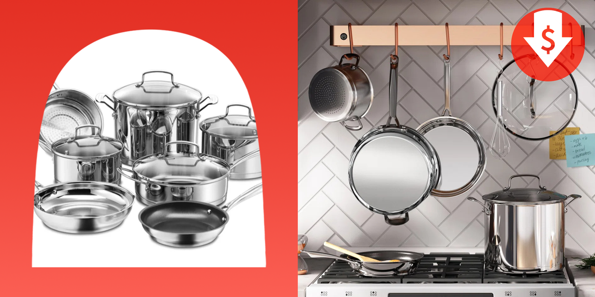 stainless steel cookware set hanging above stove