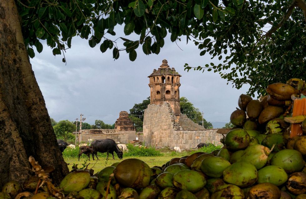 Kokosnoten omkaderen het bijzondere Hampi een ruinestad vol monumenten en een van Indias topattracties De site prijkt op Unescos werelderfgoedlijst