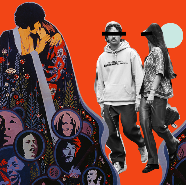 70s cult vibe collage with anonymous couple walking hand in hand