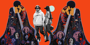 70s cult vibe collage with anonymous couple walking hand in hand