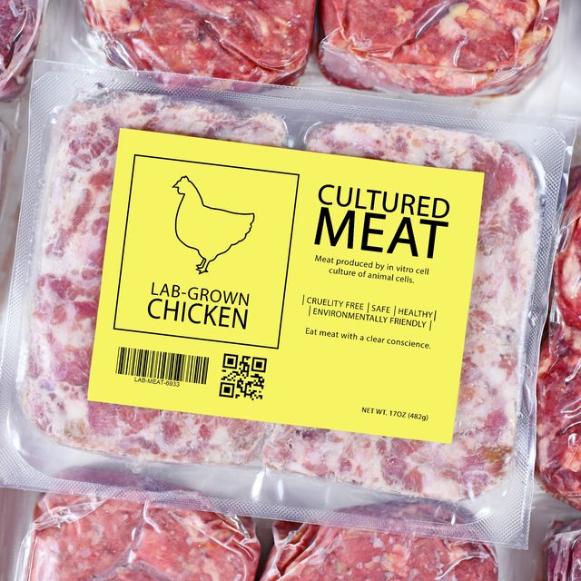 cultured chicken meat concept for artificial in vitro cell culture meat production with frozen packed raw meat with label