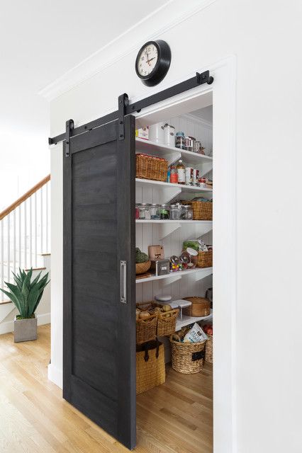 pantry organization ideas, dark grey sliding barn door entrance to kitchen pantry