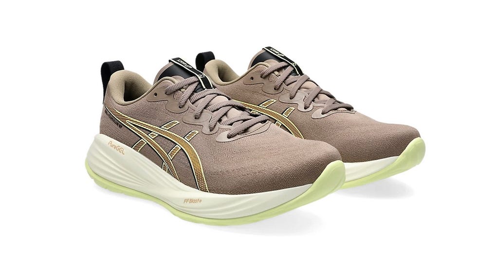 athletic running shoes featuring a beige and yellow design