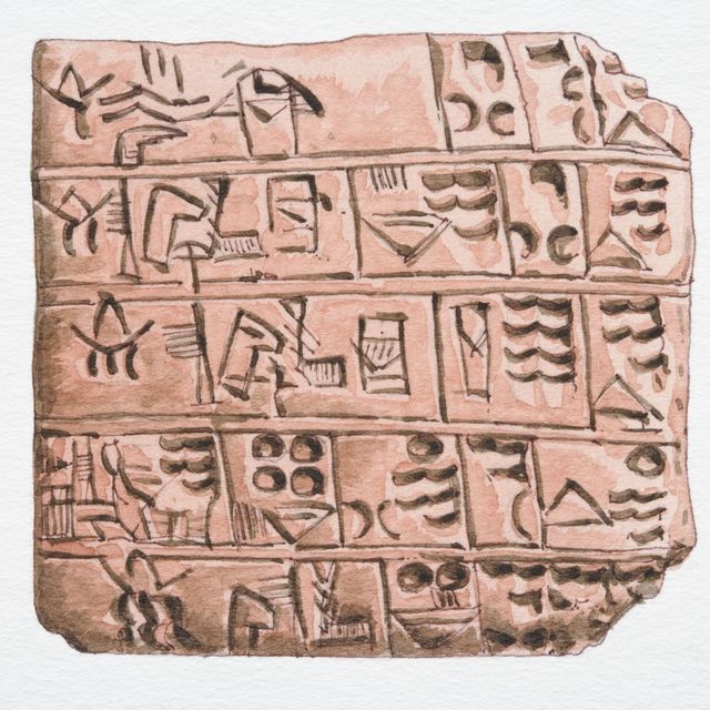 3000 bc cuneiform writing on clay slab, front view