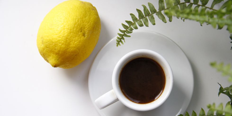 cup of coffee, lemon and fern