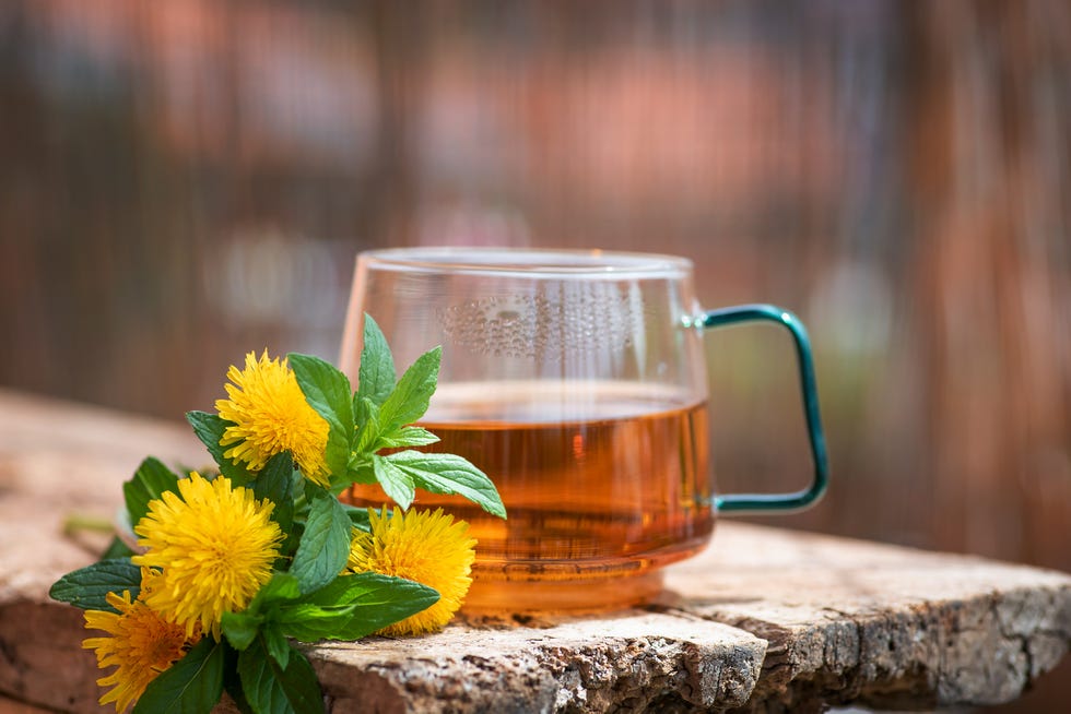 cup of tea with dandelion flower