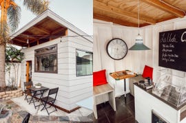 diy backyard coffee shop with white paint and wood accents