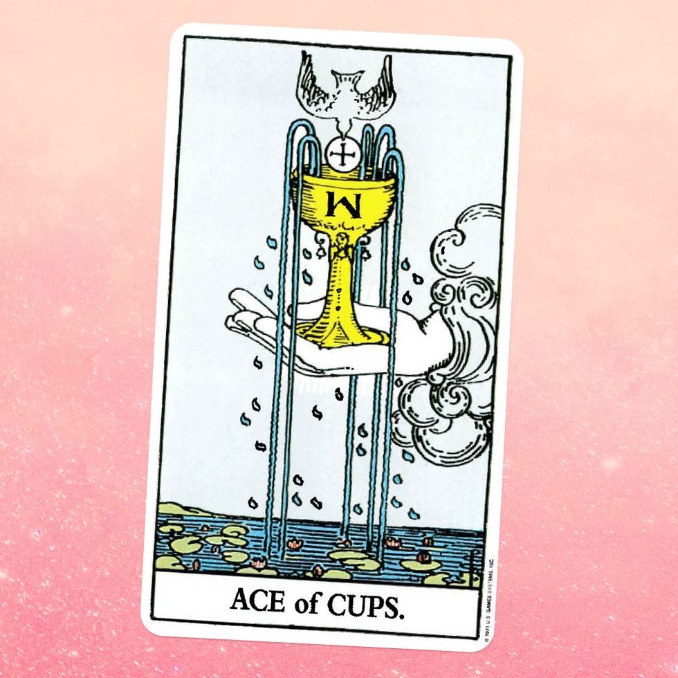 the tarot card the ace of cups, showing a white hand stretching out of the sky, holding a golden cup a dove holding a small white circle is diving into the cup, sending four streams of water into a pond full of lilypads