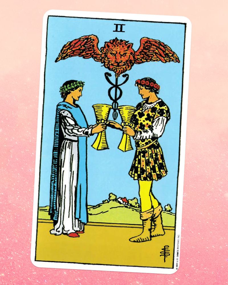 the two of cups tarot card, showing a woman in a white robe and a man in a yellow page outfit facing each other, holding goblets, with a winged lion above them