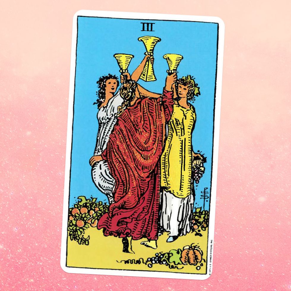 the tarot card the three of cups, showing three white women in robes dancing in a circle, each holding up a golden cup