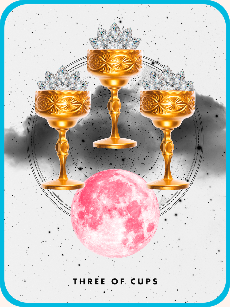 the tarot card the three of cups, showing three golden cups over a full moon