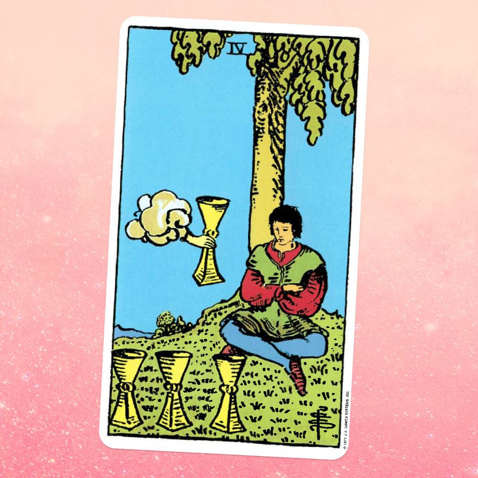 the tarot card the four of cups, showing a person sitting under a tree with three golden cups in front of them a disembodied hand holds out a fourth cup