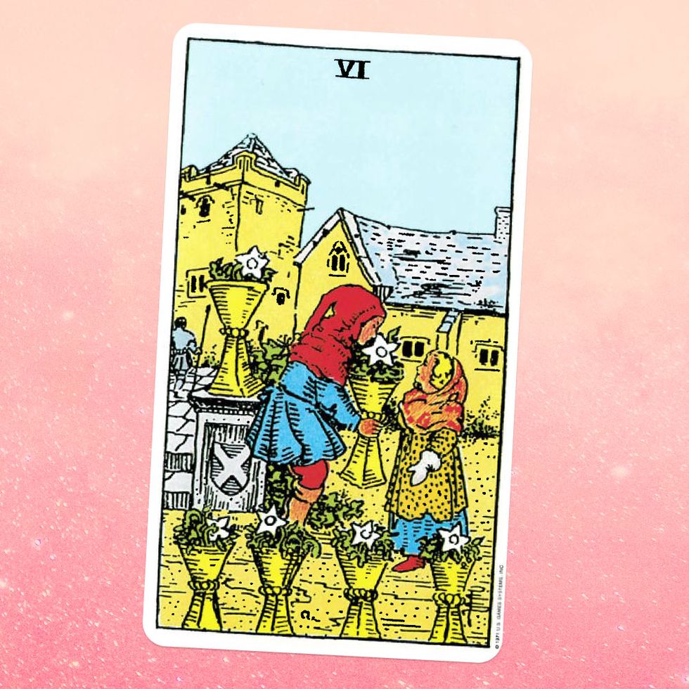 the tarot card the six of cups, showing a person in a red hood and blue tunic handing a cup full of flowers to a person in a yellow and blue dress five more cups filled with flowers surround them