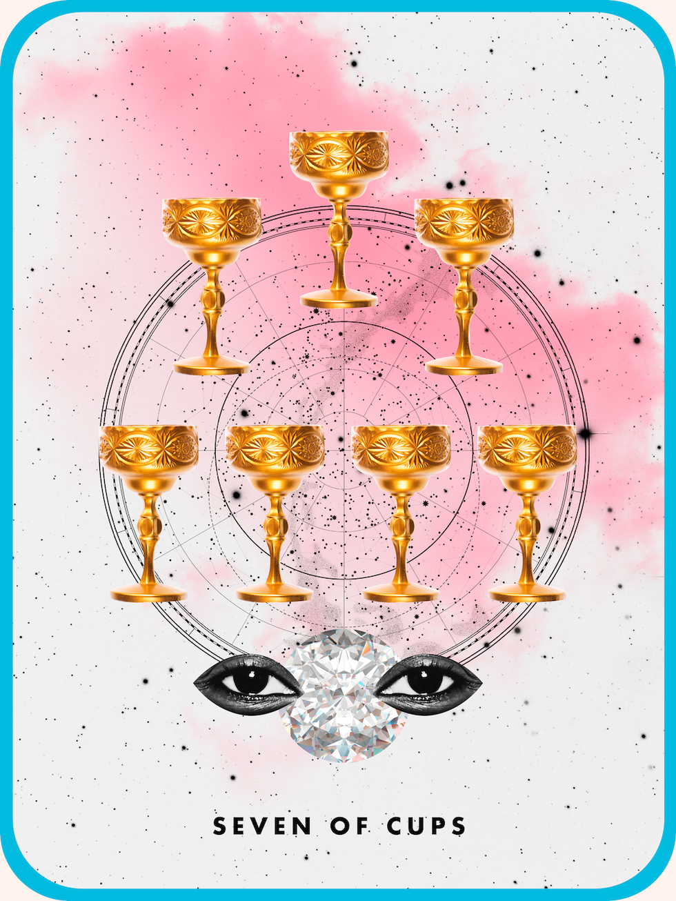 the tarot card the seven of cups, showing seven golden goblets over a black and white pair of eyes