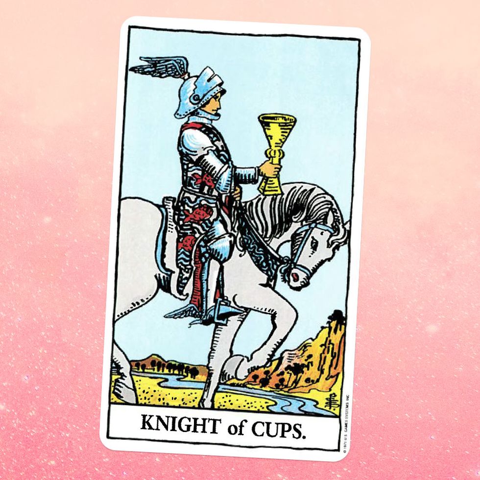 the tarot card the knight of cups, showing a knight on a horse, holding a goblet