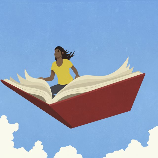 curious woman flying in sky on open book