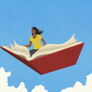 curious woman flying in sky on open book