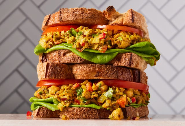 Curried Chick Pea Salad curried chick pea salad sandwich with onions and peppers