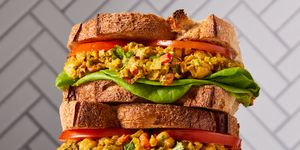 curried chick pea salad sandwich with onions and peppers