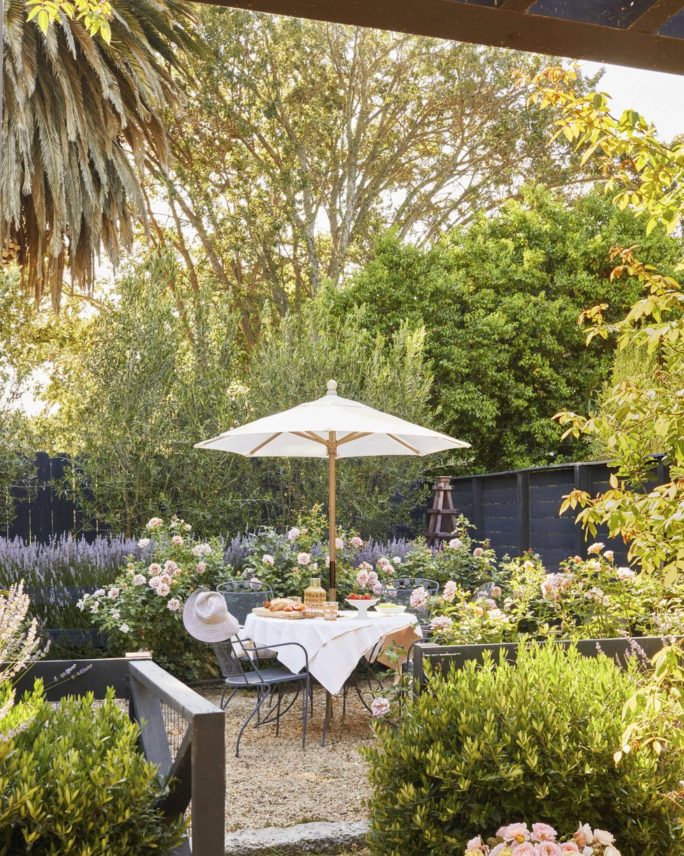 outdoor dining table and chairs in a rose and lavender garden