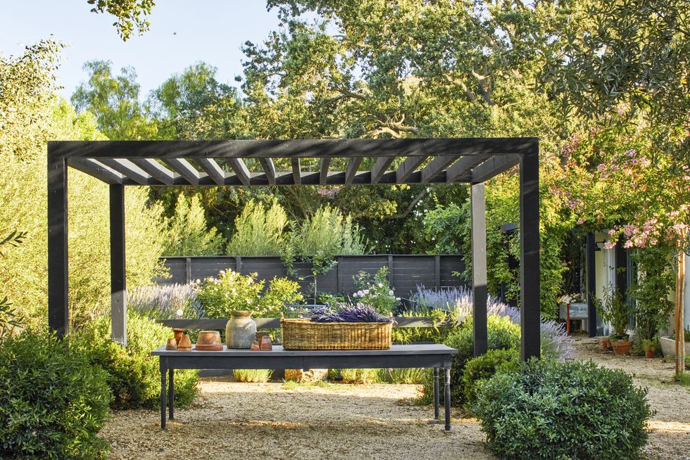 black wood pergola in lavender garden with long table underneath