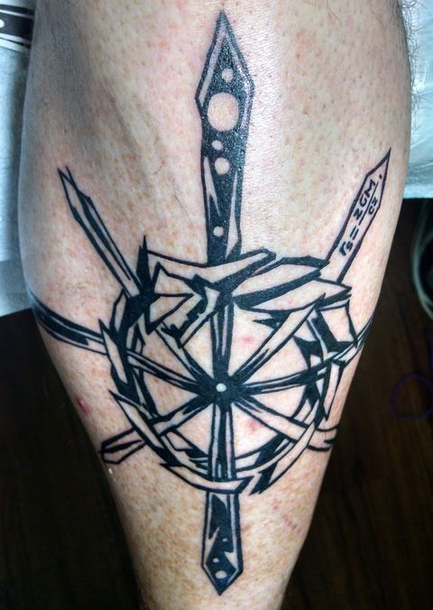 Tattoo, Arm, Shoulder, Joint, Muscle, Human leg, Symbol, Temporary tattoo, Dagger, Flesh, 