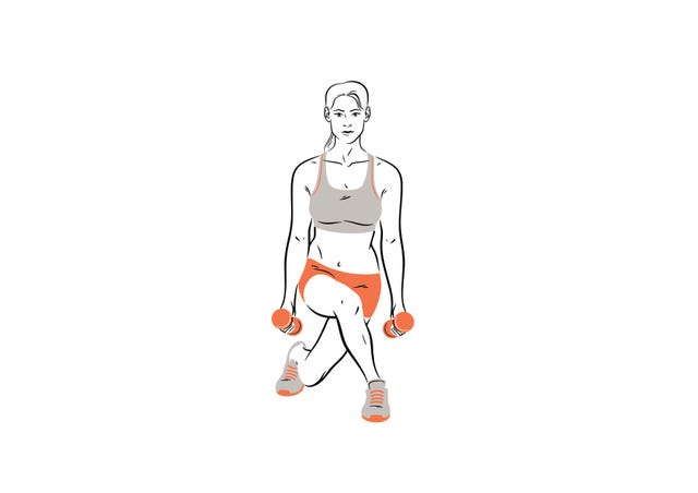 Person performing a lunging exercise with dumbbells