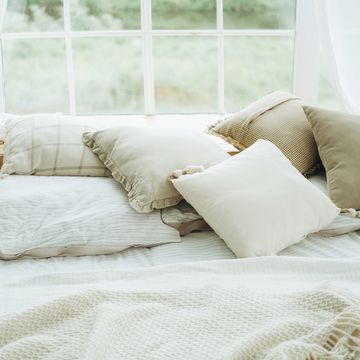 cushions, pillows, blanket and plaid on a bed against a window.