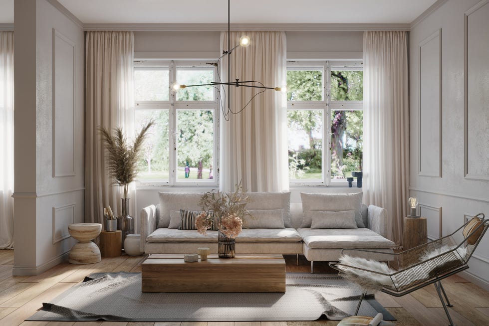 luxury living room with white sofa, armchair, coffee table, two big windows and baseboard on the wall 3d render image