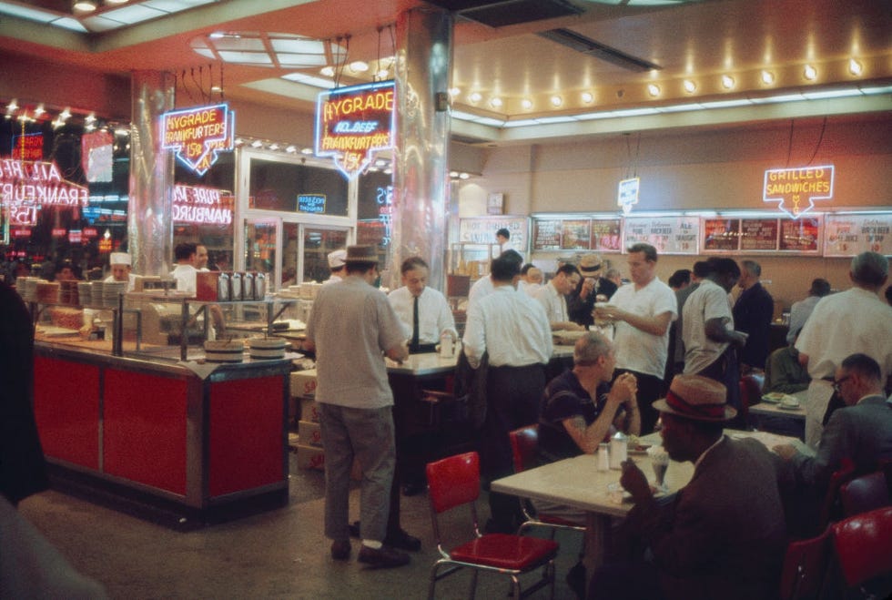customers inside fast food diner at night, times square, new york city, new york, usa, july 1961