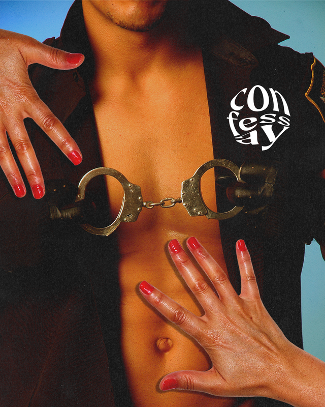 a woman's hand rests on a man's bare torso while he holds handcuffs