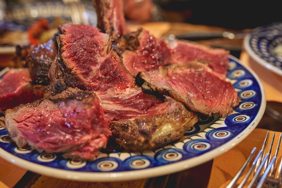 A cut Florentine Steak (Bistecca alla Fiorentina), a porterhouse steak done Florentine style.