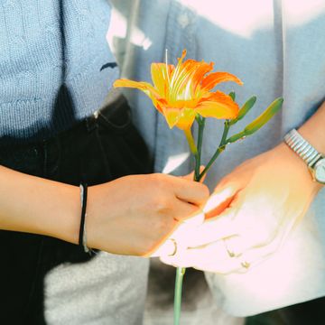cute couple holding a flower and wearing couple rings young man giving flowers at his girlfriend for san valentine's day sunlight, spring and soft concept