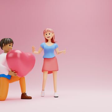 cute young couple in love with heart shape balloons copy space happy valentine’s day 3d rendering