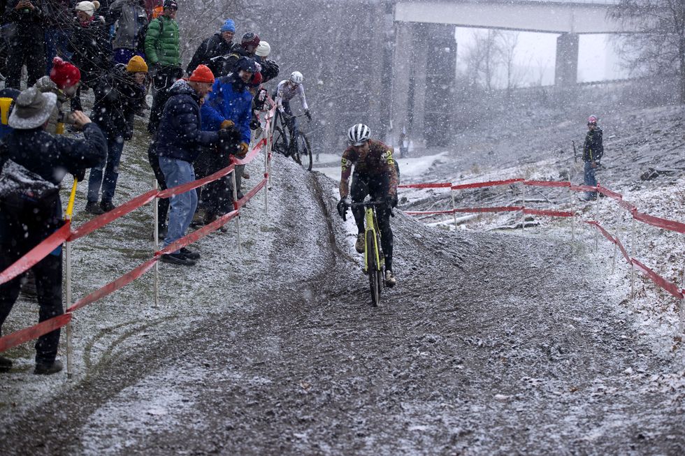 curtis white and eric brunner the first and second place finishers of the mens elite race on december 11, 2022 of the cyclocross nationals