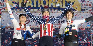 top three finishers of the cyclocross nationals womens elite race on december 11 2022, from left raylyn nuss, clara honsinger and austin trace
