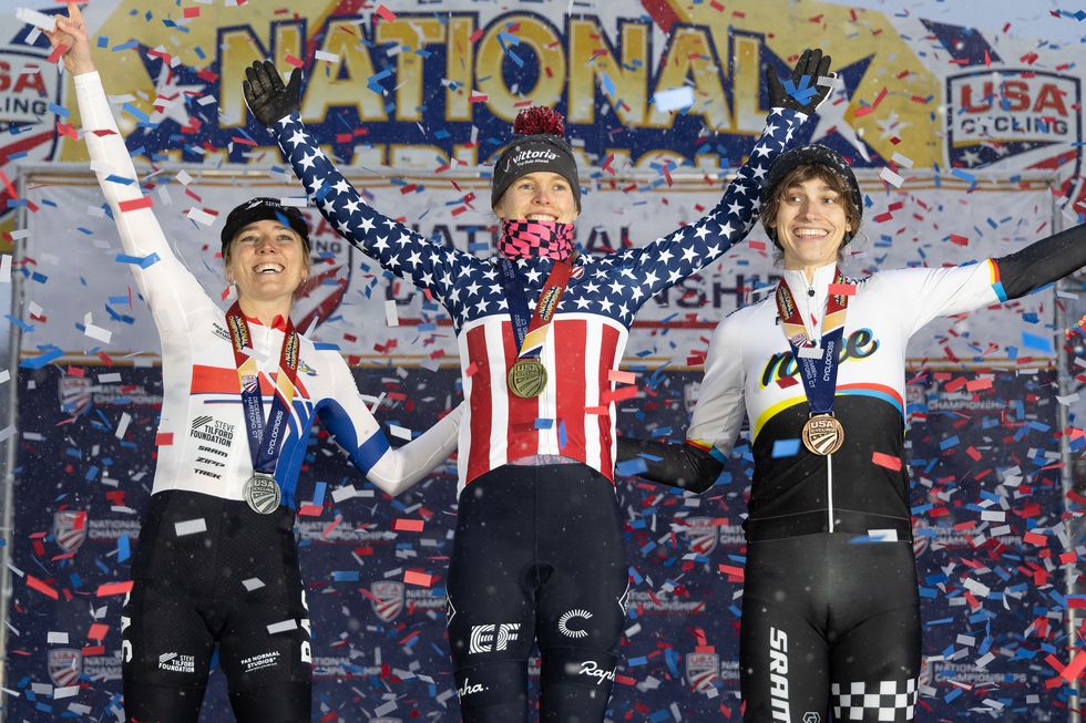 top three finishers of the cyclocross nationals womens elite race on december 11 2022, from left raylyn nuss, clara honsinger and austin trace