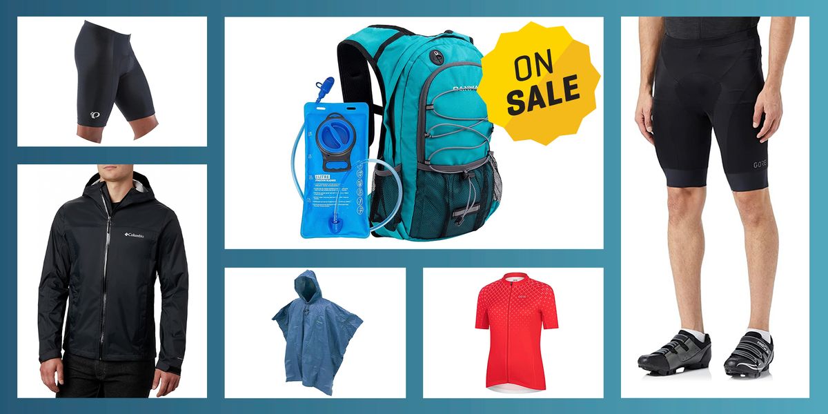 various biking gear that is on sale including shorts jackets and hydration packs