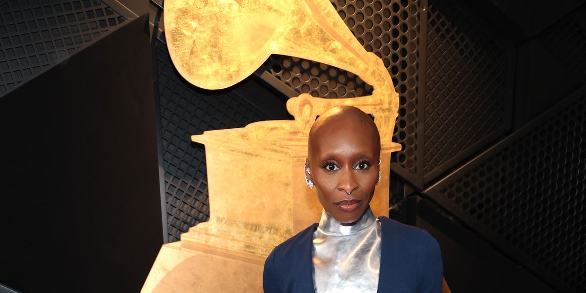 Cynthia Erivo Wears Navy Cut-Out Dress to the 2025 Grammys Red Carpet