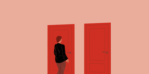 Red, Orange, Wall, Standing, Pink, Room, Line, Door, Architecture, Furniture, 
