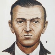 D.B. Cooper composite sketches two pencil drawings of a straight faced man, he is in color on the left and wears sunglasses on the right