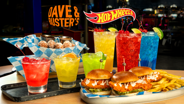 food and colorful drinks on table with hot wheels logo